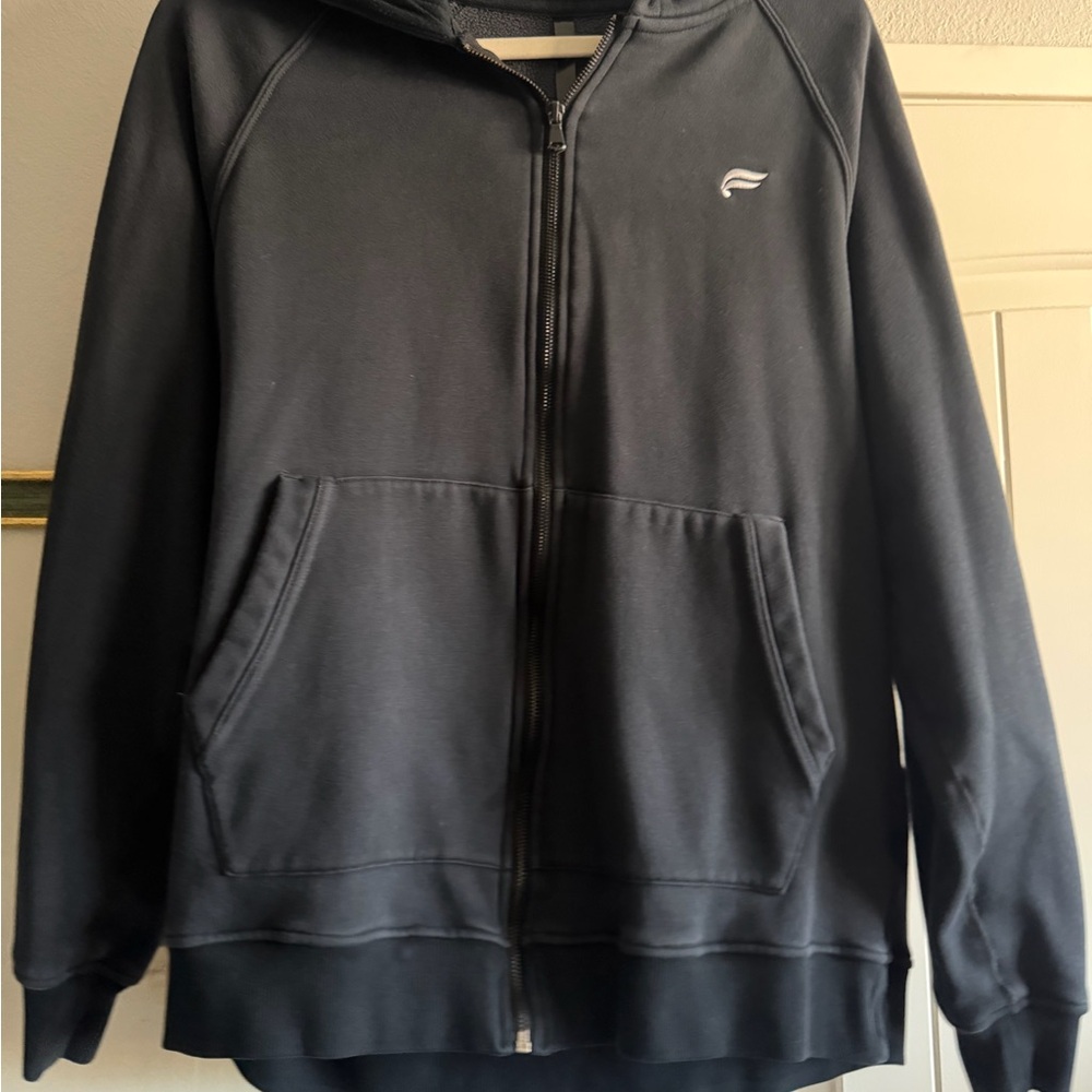 Black Full-Zip Hooded Jacket with Leather Pull